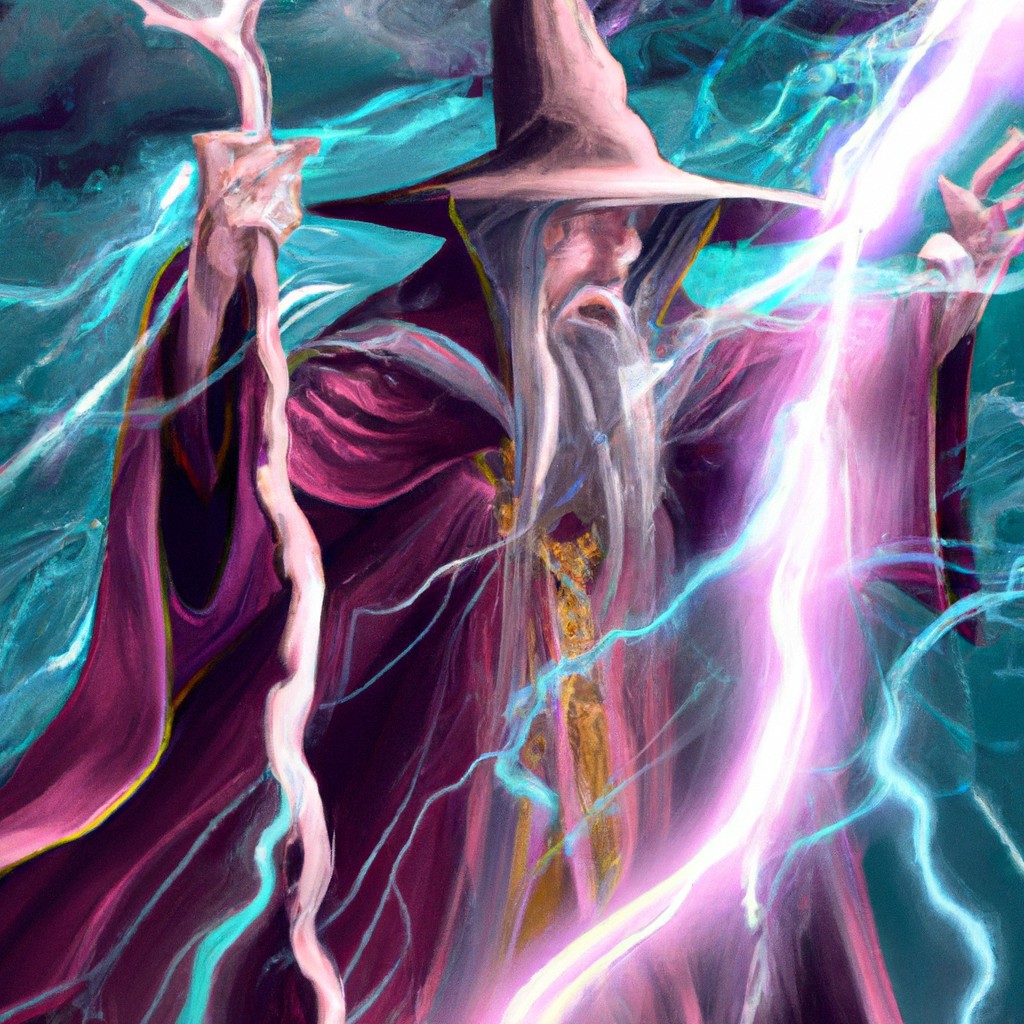 Image of A wise wizard with flowing robes and a staff, summoning a storm of lightning bolts.