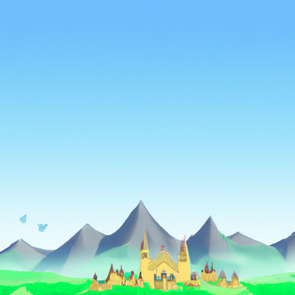 Image of A kingdom with a clear blue sky, surrounded by lush green fields and beautiful mountains.