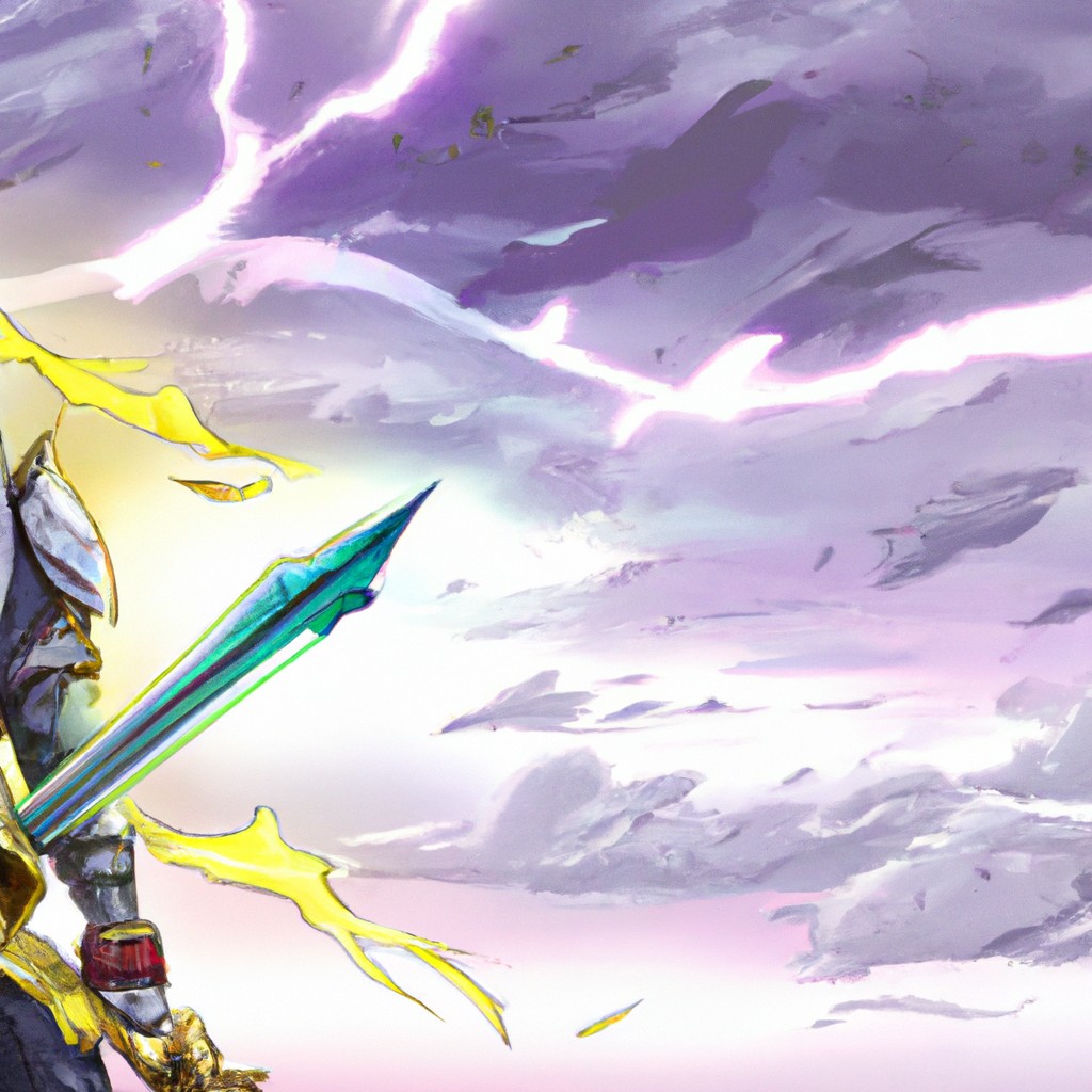 Image of A fierce knight with shining armor, holding a sword, standing in front of the falling sky.