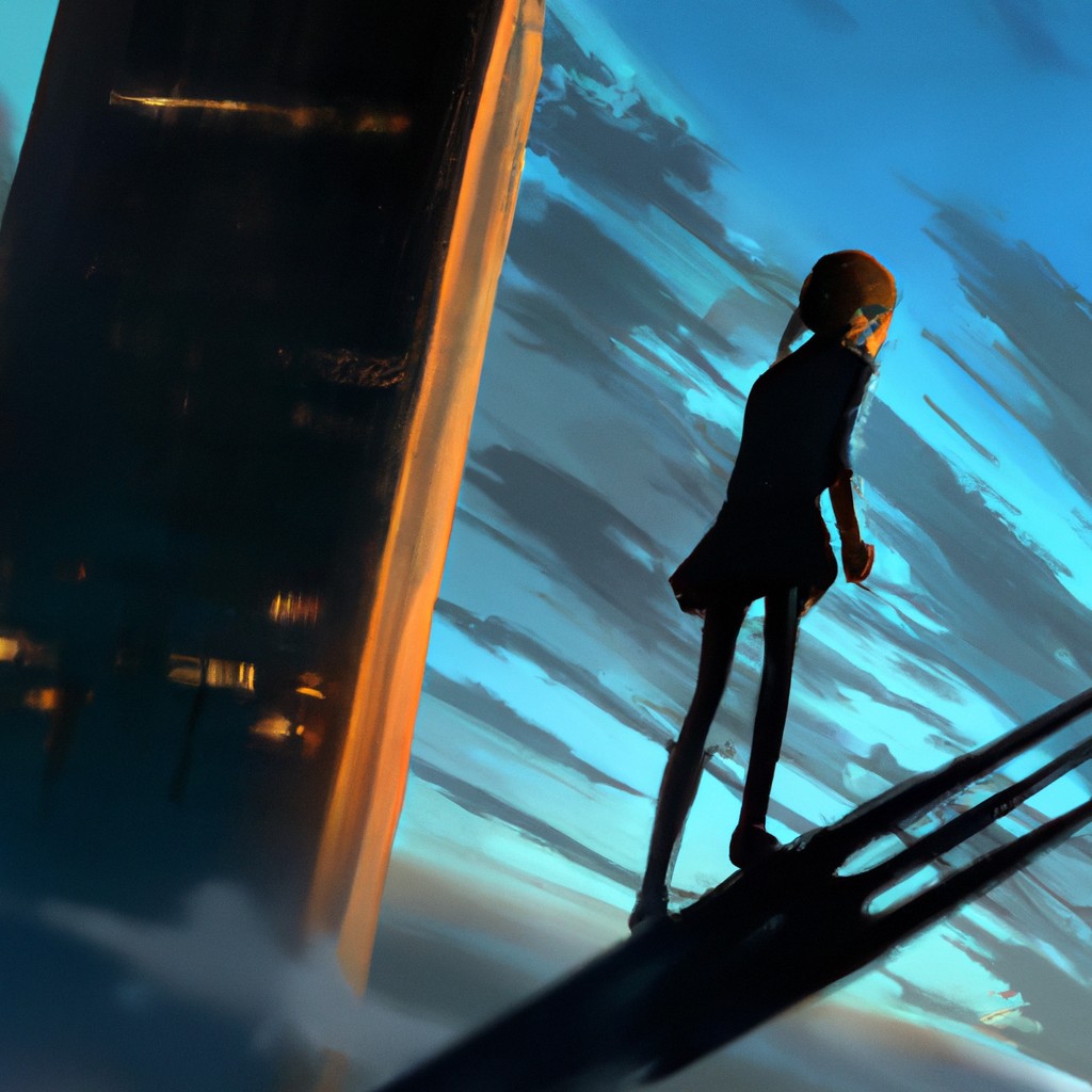 Image of A girl with a spark in her eyes, standing on the edge of a skyscraper, ready to take a leap of faith.