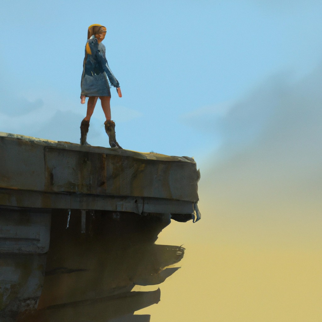 Image of A girl with a mischievous grin standing on the edge of a mountain, ready to jump into the abyss.