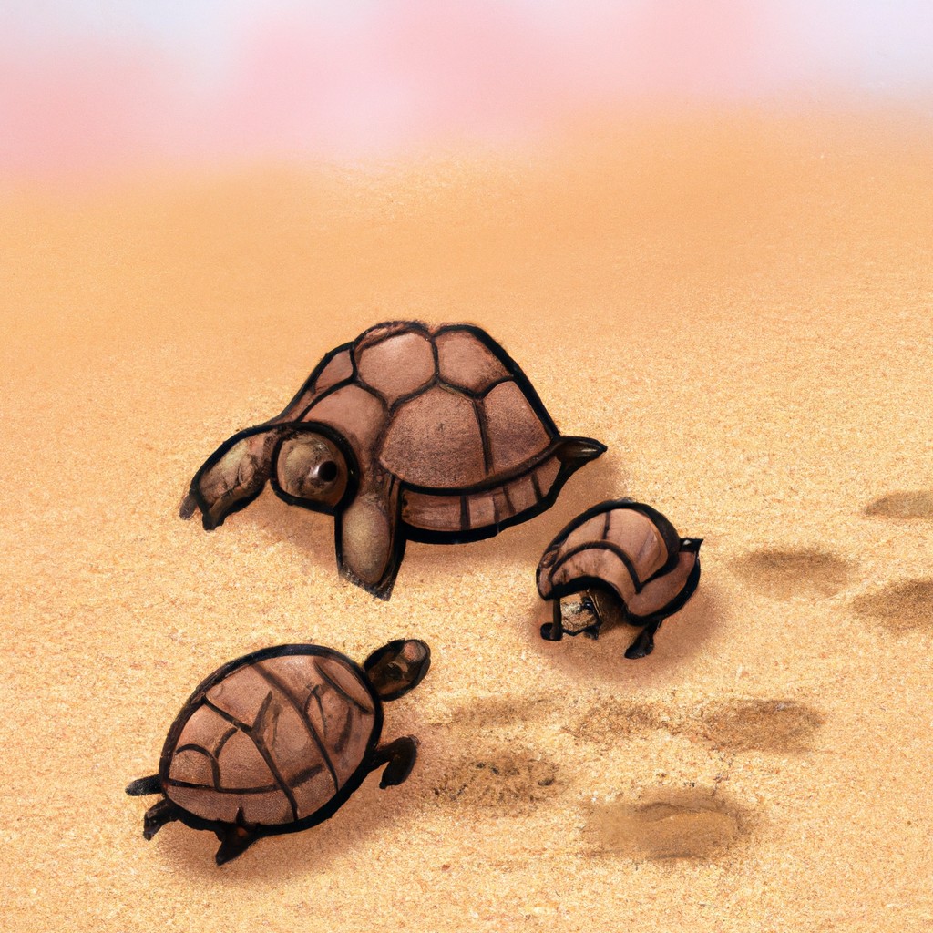 Image of A baby giant tortoise playing with its siblings in a sandy beach.