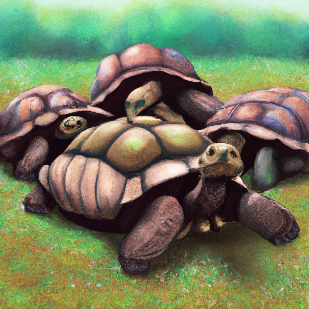 Image of A group of giant tortoises grazing peacefully on a lush green meadow.