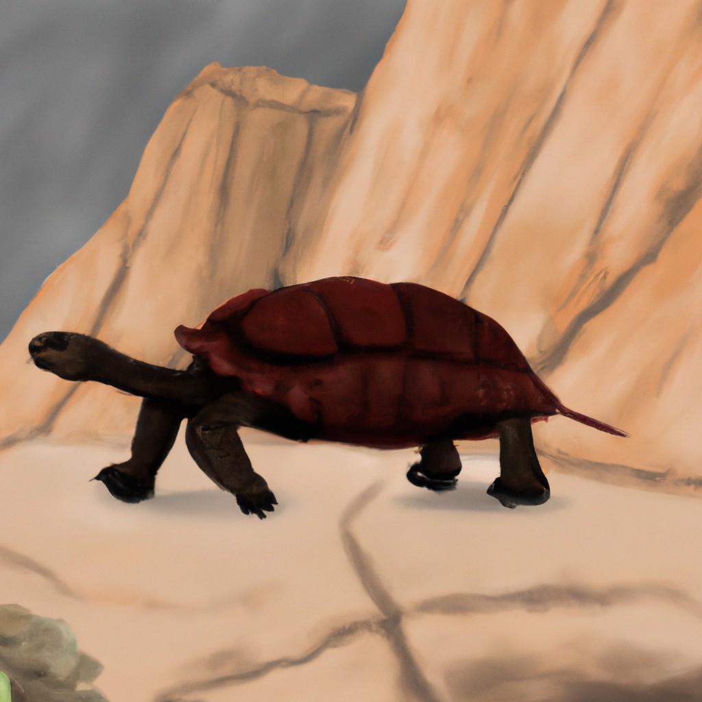 Image of A giant tortoise slowly walking across a rocky landscape, its movements deliberate and graceful.