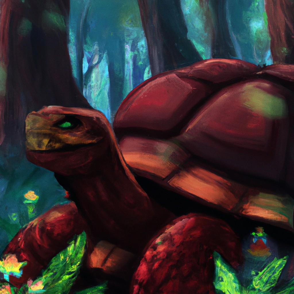 Image of A giant tortoise with a wise and gentle expression navigating through a dense forest.