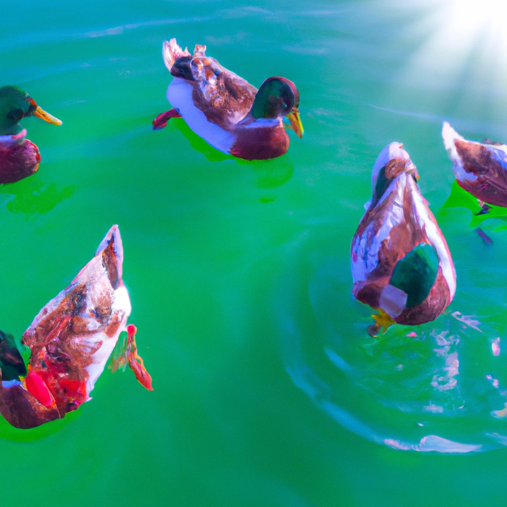 Image of Quackers swimming gracefully in a crystal clear lake, with the sun shining brightly and birds flying in the background.