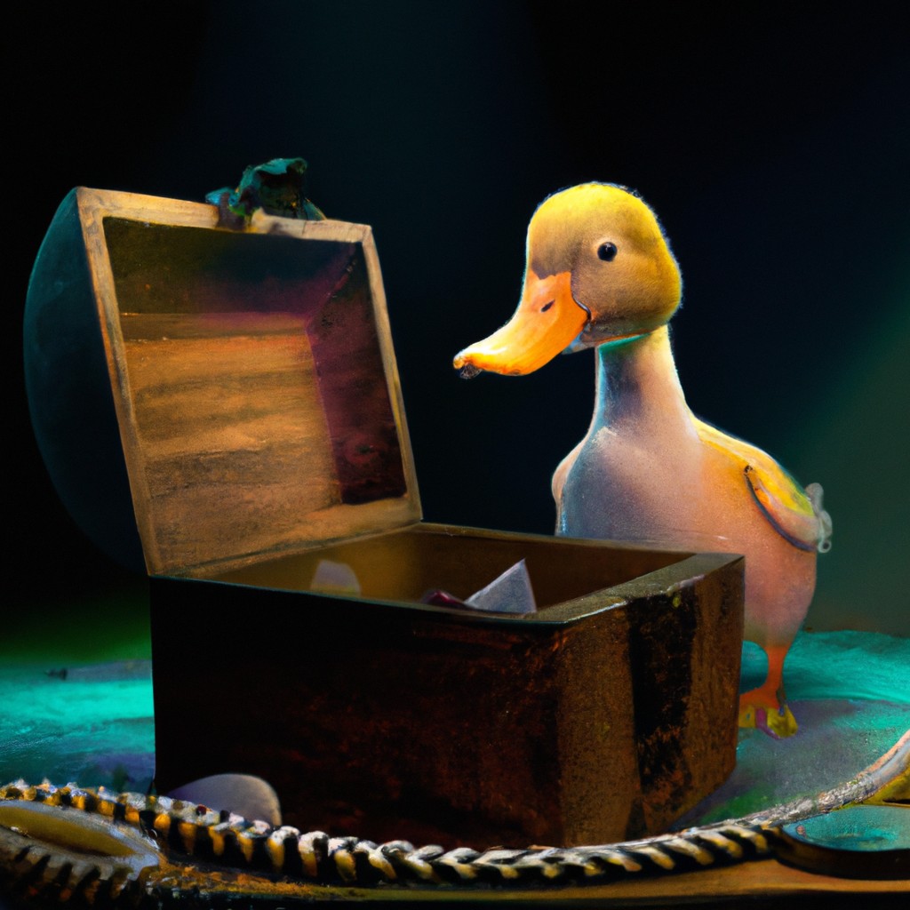 Image of Quackers opening a treasure chest with a hint of excitement and wonder on his face.