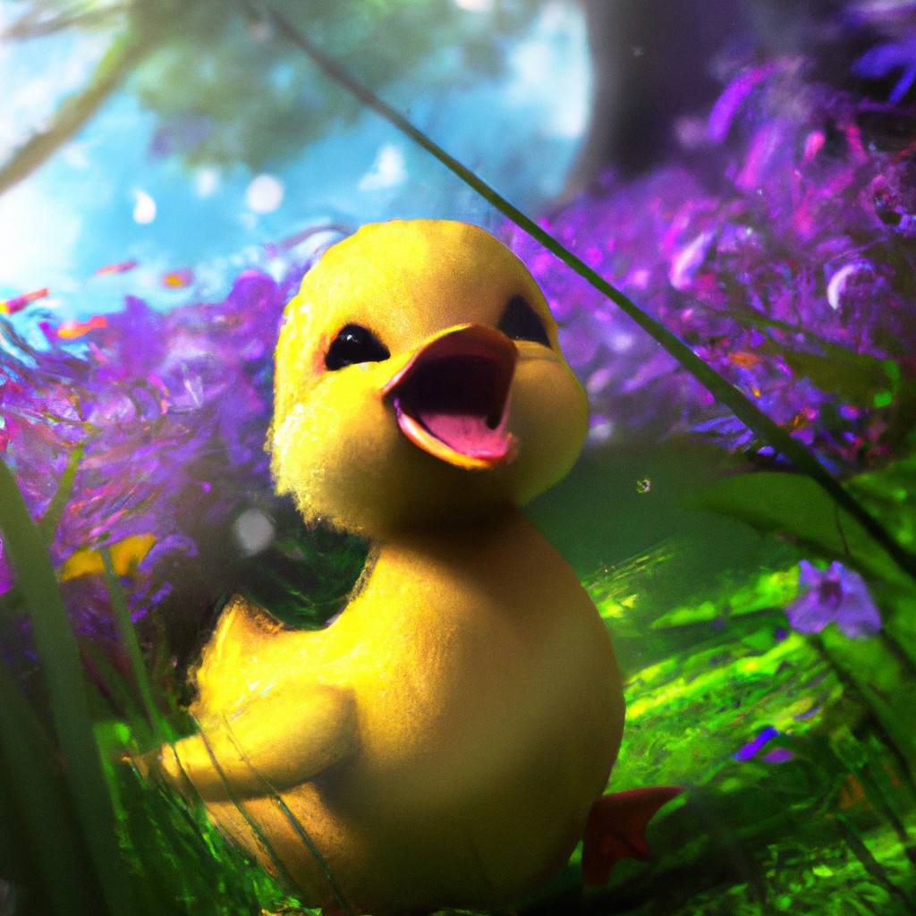 Image of A cute yellow duck with a big smile, surrounded by lush green meadows and colorful flowers in Paradisimo.