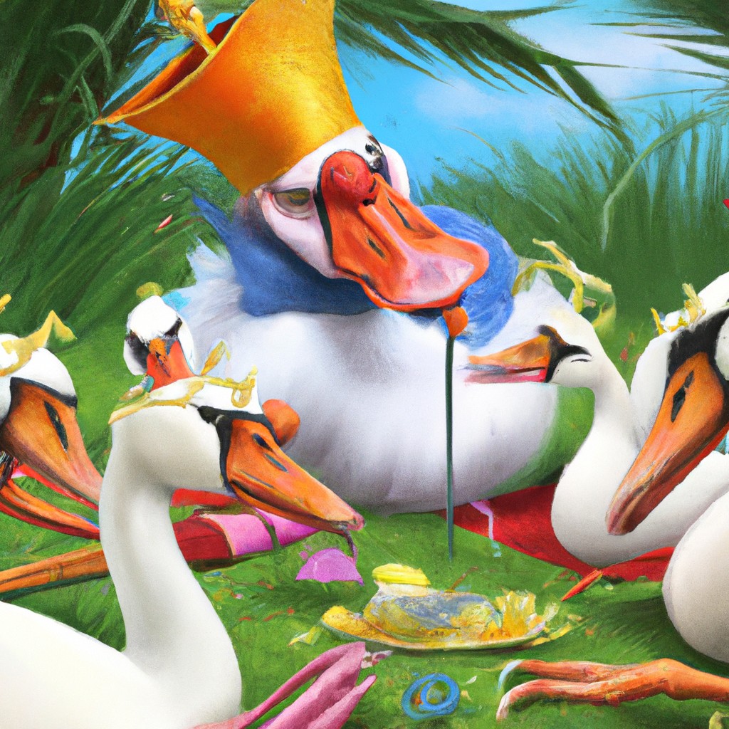 Image of Quackers, the King of Paradisimo, surrounded by happy animals, feasting and playing in celebration of his rule.