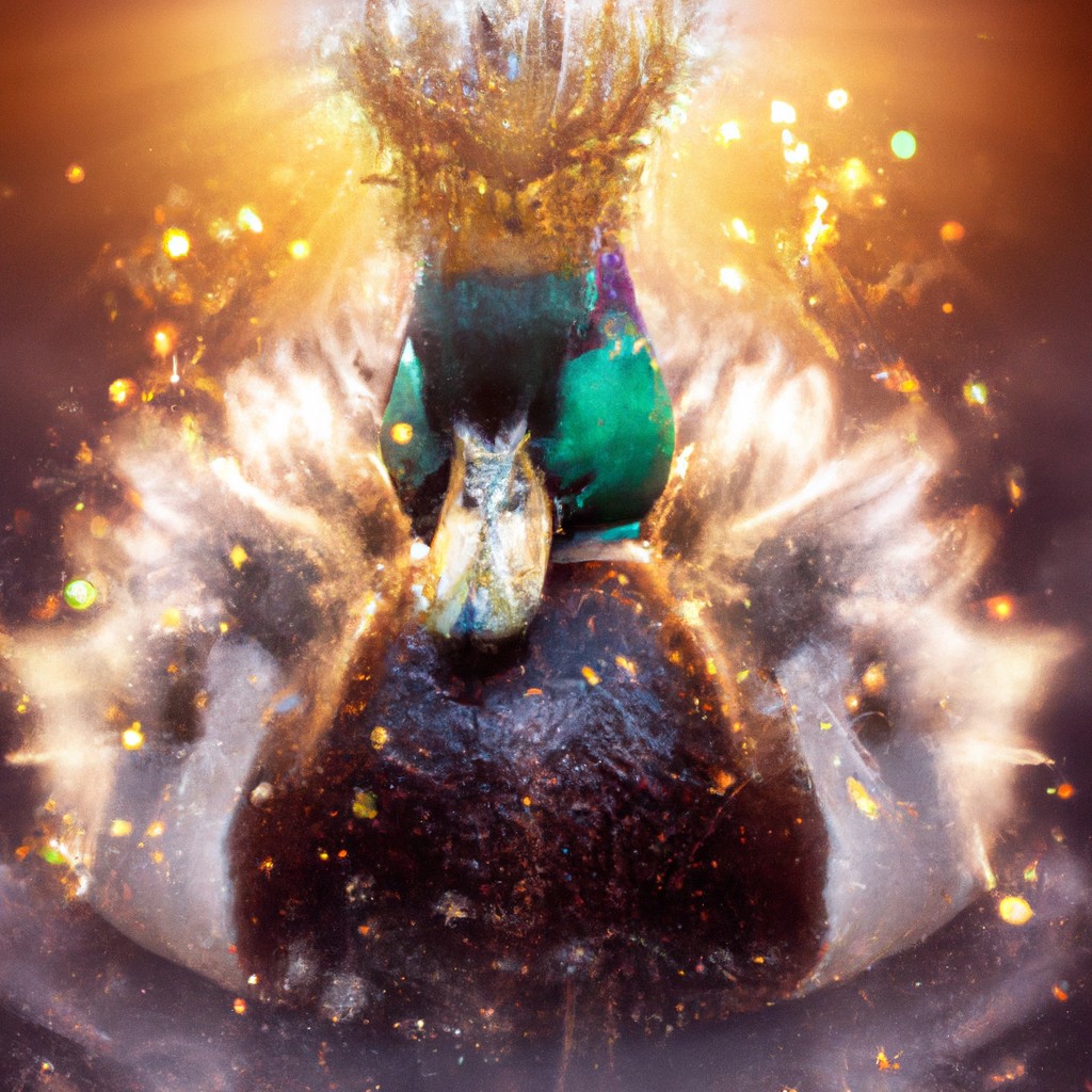 Image of Quackers wearing a sparkling crown, his feathers transformed into a majestic plumage, with a golden aura surrounding him.