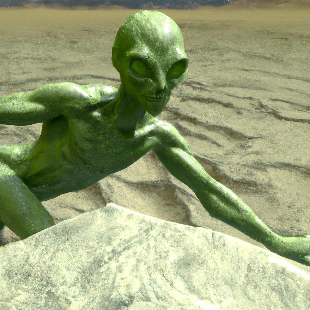 Image of An alien with green scaly skin flying through the Texas desert