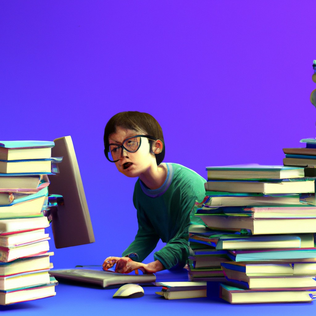 Image of A curious boy surrounded by books and a computer, eager to learn and discover