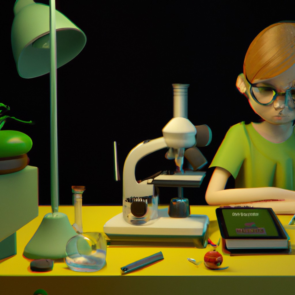 Image of A young girl sitting at a table with a microscope, exploring the world of science