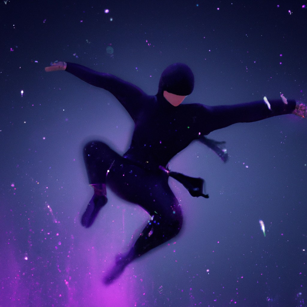 Image of A nimble ninja leaping through the air with raindrops falling around him.