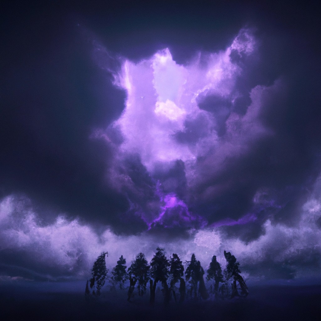 Image of A group of heroes standing in a circle as dark storm clouds swirl above them.