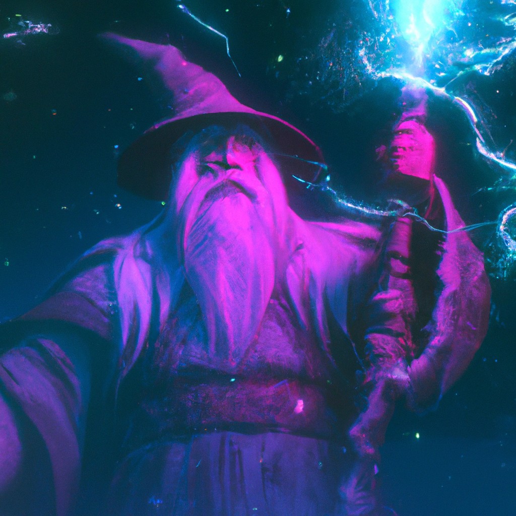 Image of An old wizard with a long white beard casting a spell with his staff.