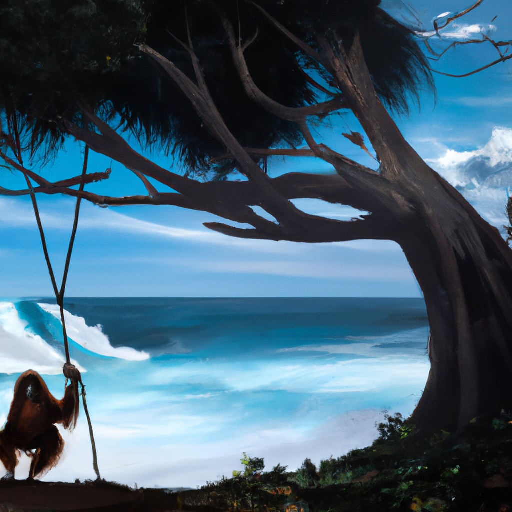 Image of A giant orangutan swinging through the trees, gazing at the endless blue waves crashing onto the shore.