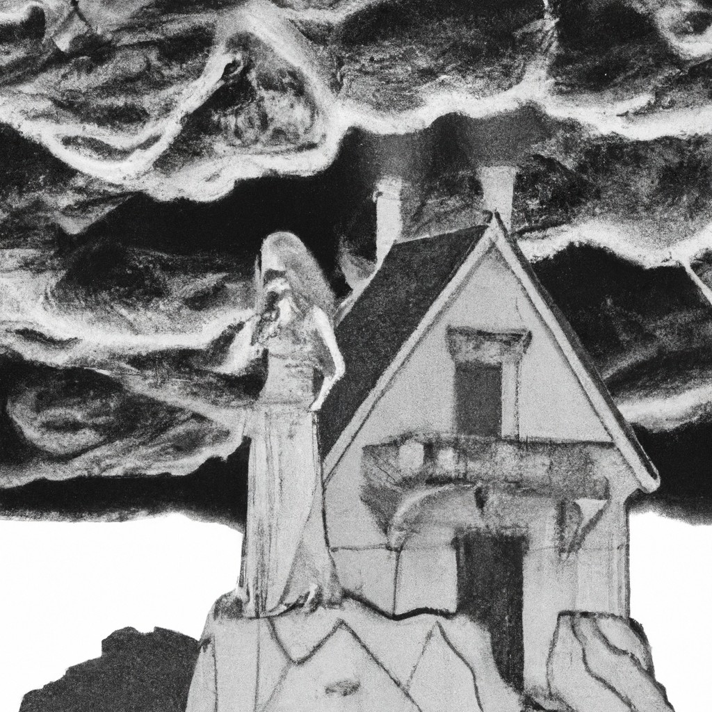 Image of Draw an eerie old house where the wicked witch lives, with dark clouds looming above it.