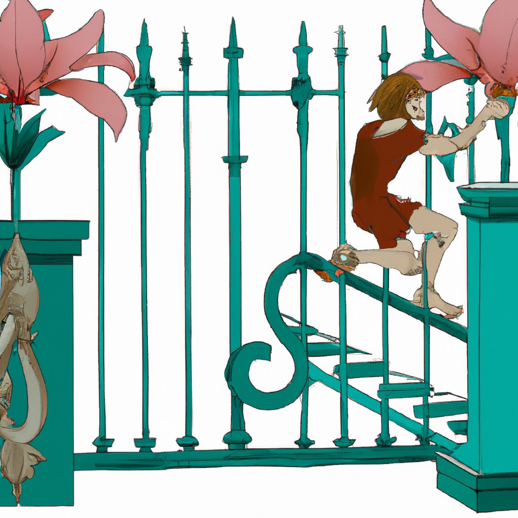 Image of Draw Max agilely climbing over the tall iron gate, with Lily following closely behind.