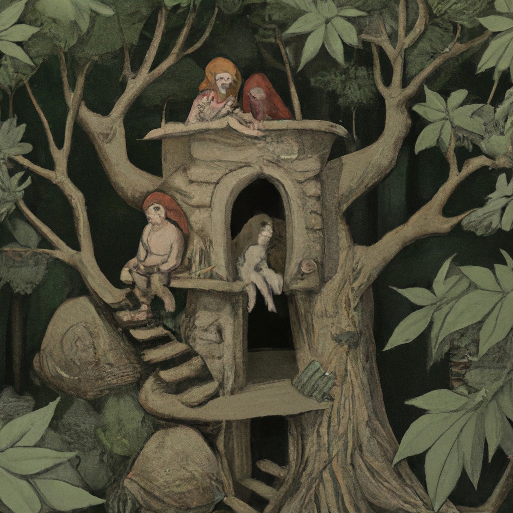 Image of Draw a cozy treehouse hidden deep in the forest where Alex, Lily, and Max gather for their secret meetings.