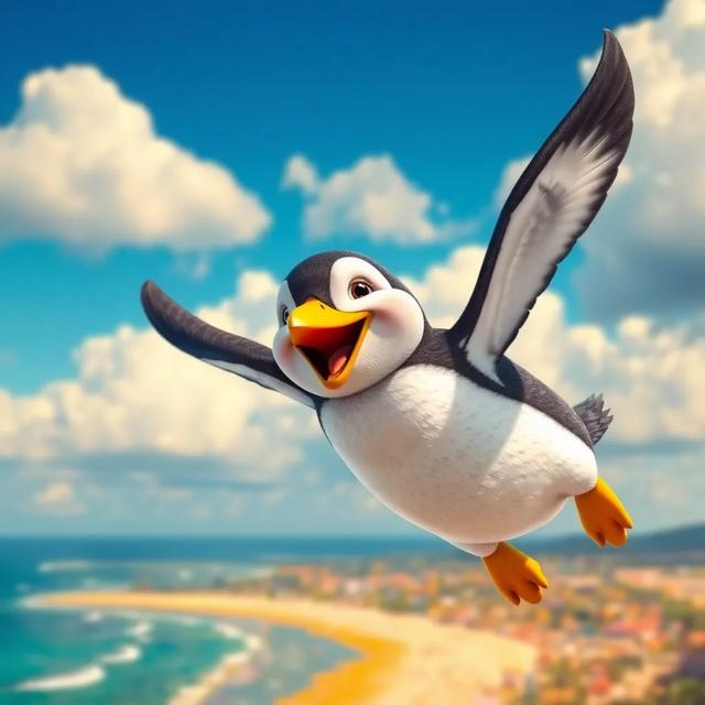Book cover of the story titled: James the Flying Penguin with a Golden Beak