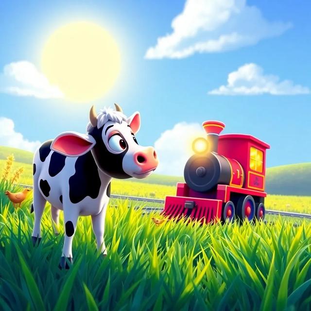 Portada del libro de la historia titulada: La vaca viajera y el tren mágico