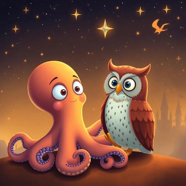 Book cover of the story titled: The Owl Who Read and the Octopus Who Walked
