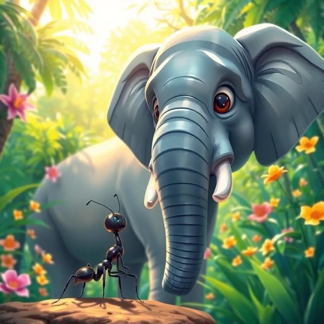 Book cover of the story titled: Tiny Ant and Big Elephant